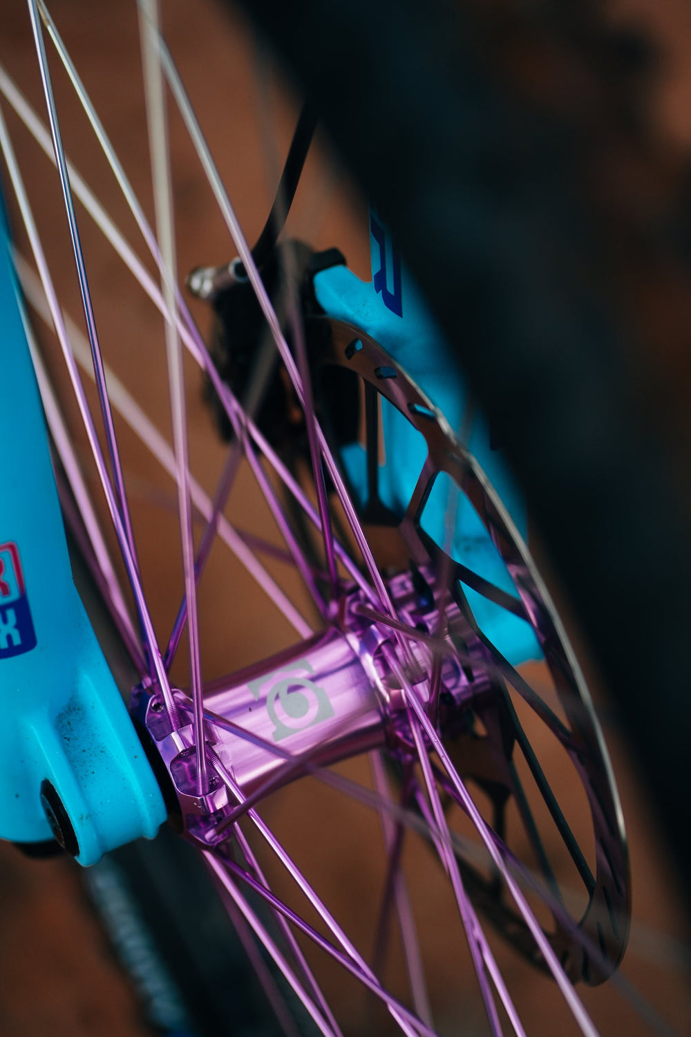 Purple Industry Nine hub and spokes behind the painted fork.