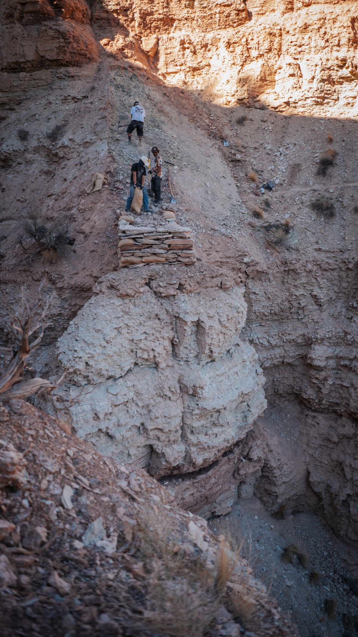 A digger on a narrow ledge far below the rim.