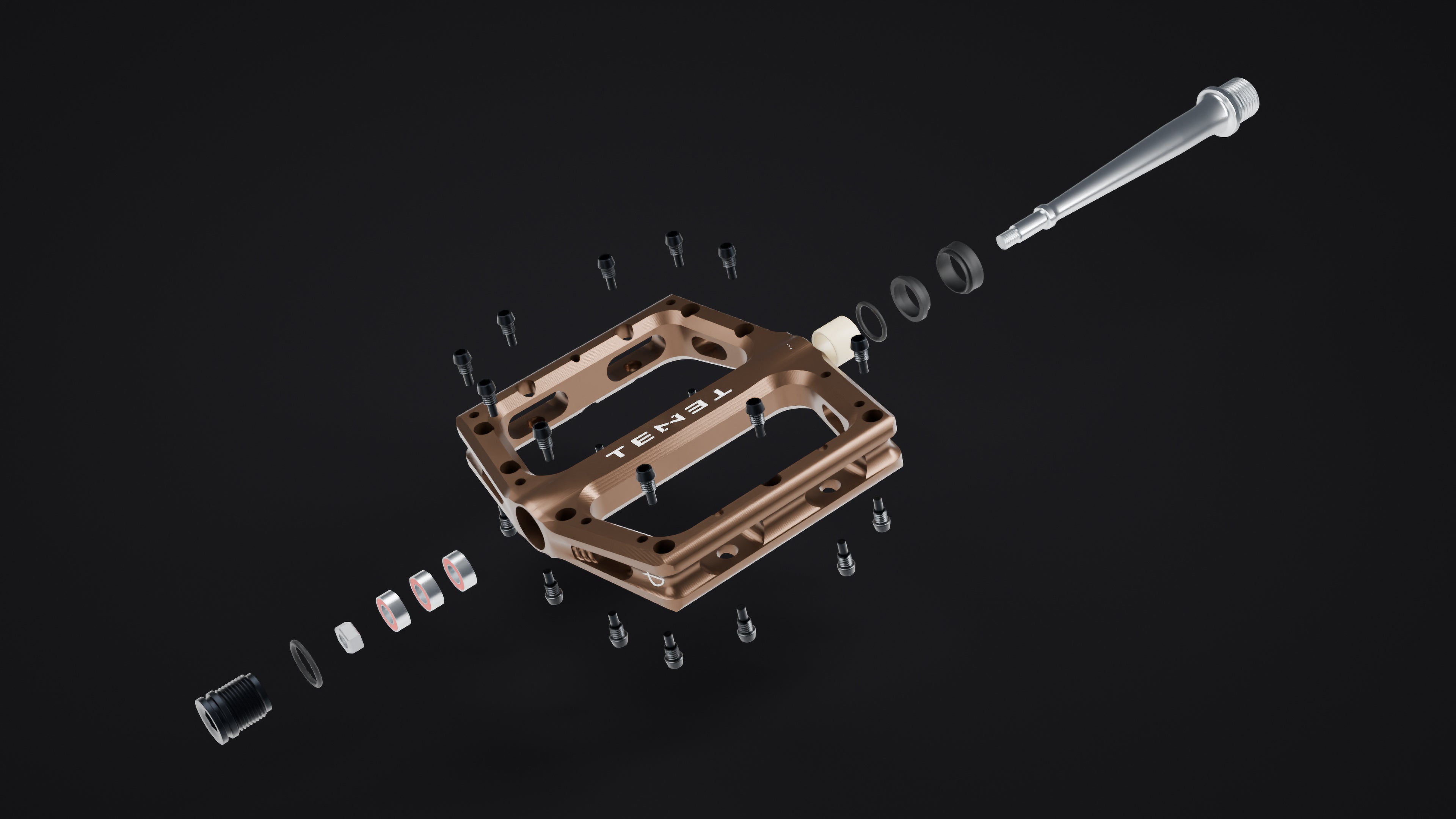 Exploded Tenet Omen pedal showing the three crank-side seals and end-cap O-ring
